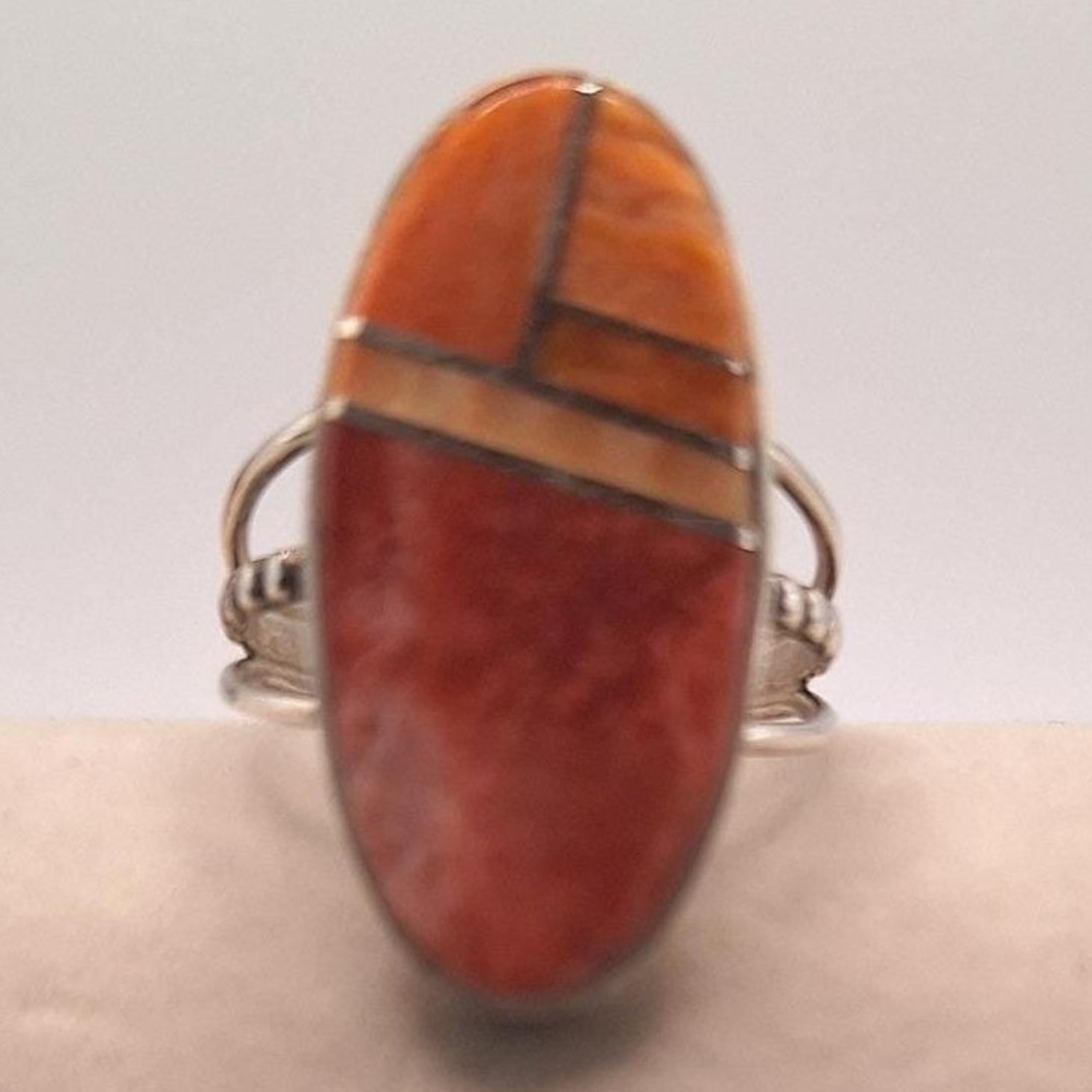 Southwestern orange spiney oyster ring inlay in sterling silver size 8.25